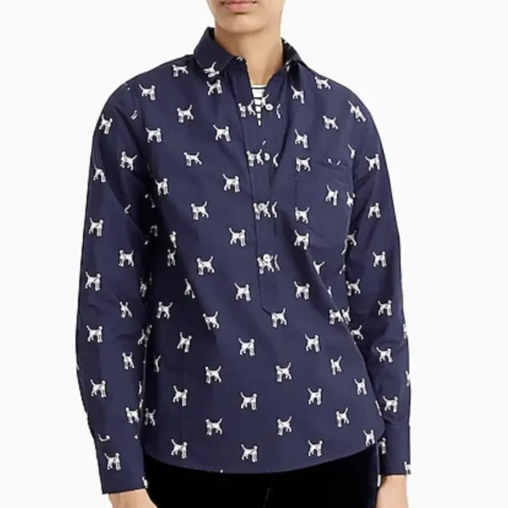 J. Crew Dalmatian Classic Shirt Womens Size 10 Blue Dog Novelty Popover Top